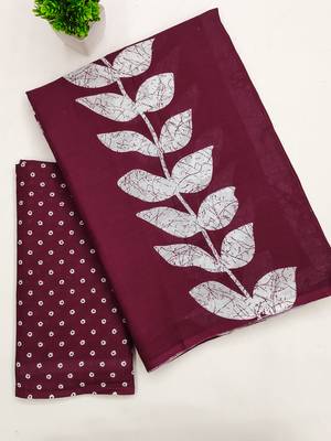 Maroon block print soft pure cotton saree with blouse. 5
