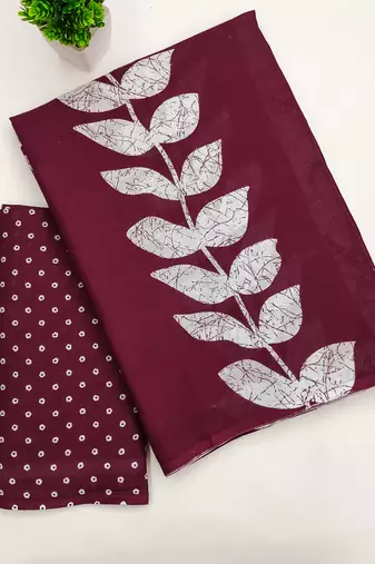 Maroon block print soft pure cotton saree with blouse.