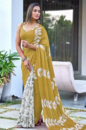 Mehendi block print soft pure cotton saree with blouse.