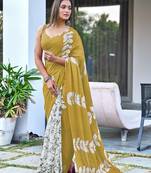 Mehendi block print soft pure cotton saree with blouse.