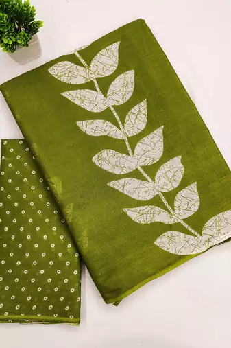 Mehendi block print soft pure cotton saree with blouse.