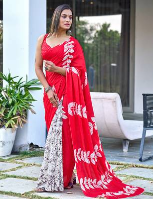Red block print soft pure cotton saree with blouse. 1