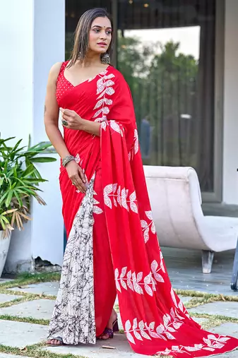 Red block print soft pure cotton saree with blouse.