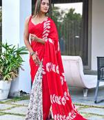 Red block print soft pure cotton saree with blouse.