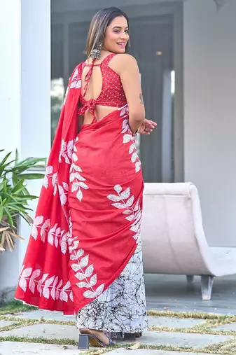 Red block print soft pure cotton saree with blouse.