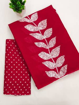 Red block print soft pure cotton saree with blouse. 5