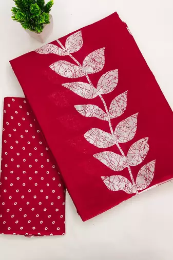 Red block print soft pure cotton saree with blouse.
