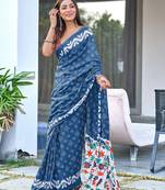 Blue block print soft pure cotton saree with blouse.