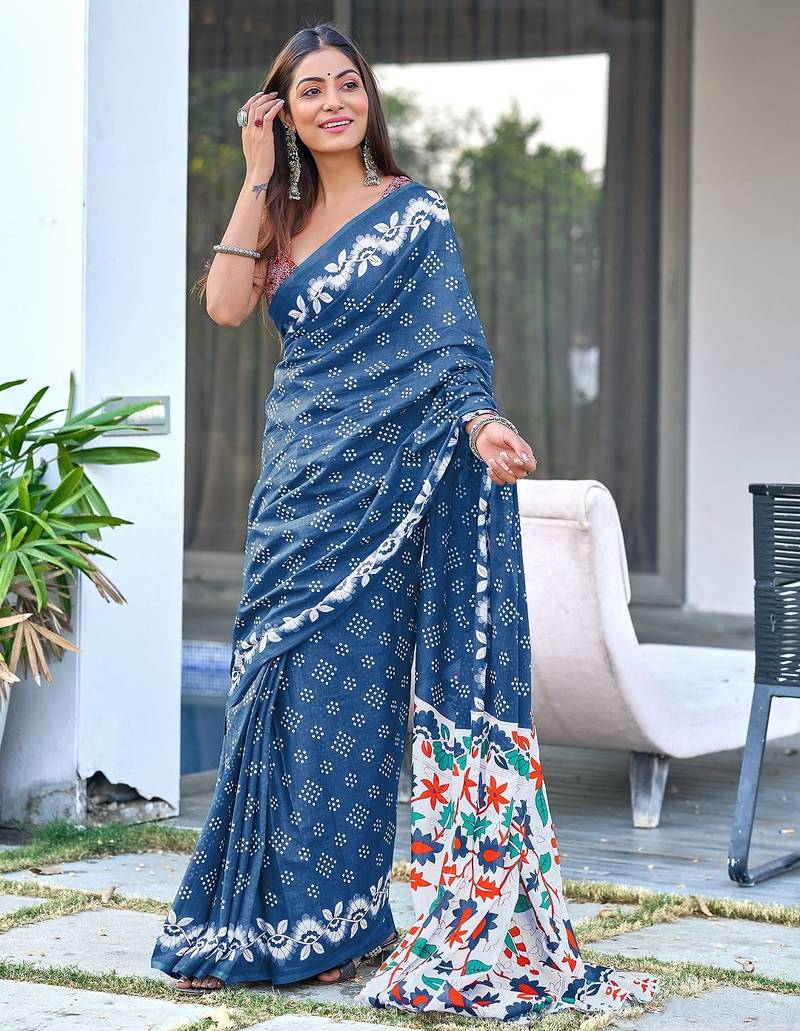 Blue block print soft pure cotton saree with blouse.