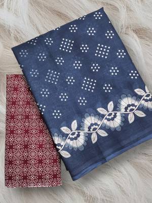 Blue block print soft pure cotton saree with blouse. 5