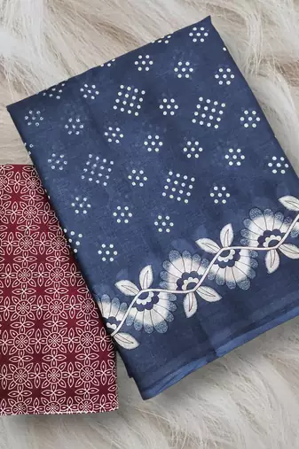 Blue block print soft pure cotton saree with blouse.