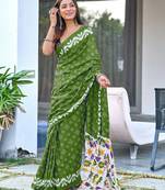 Green block print soft pure cotton saree with blouse.