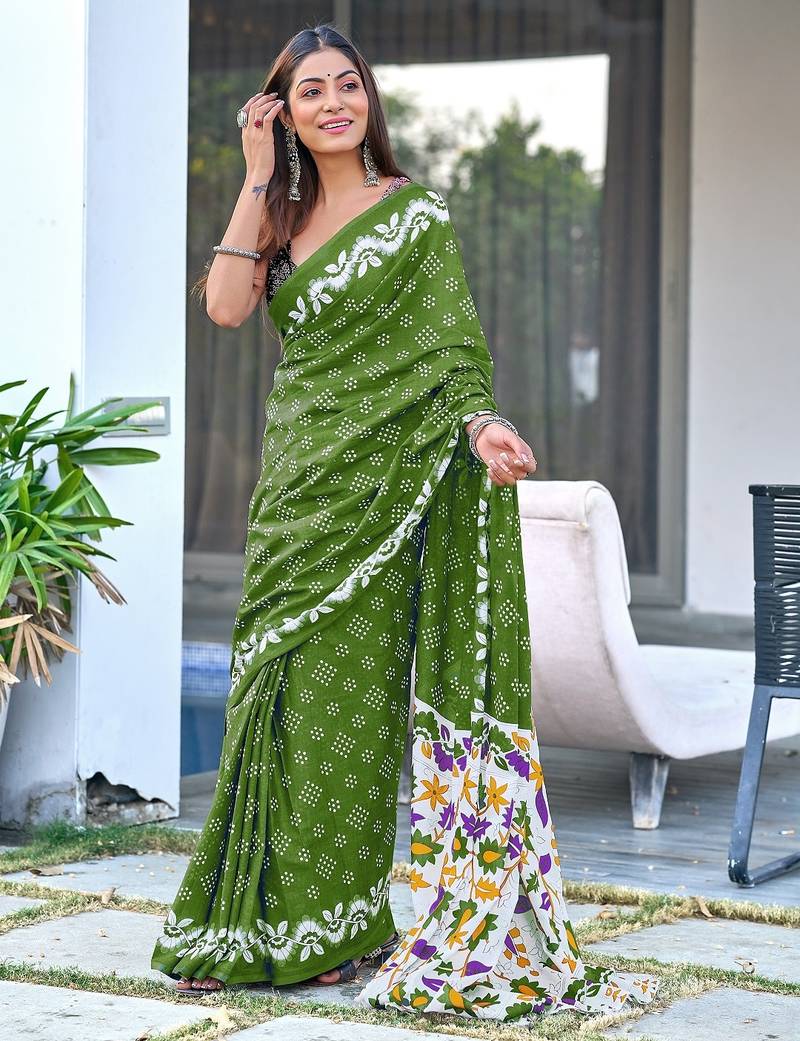 Green block print soft pure cotton saree with blouse.