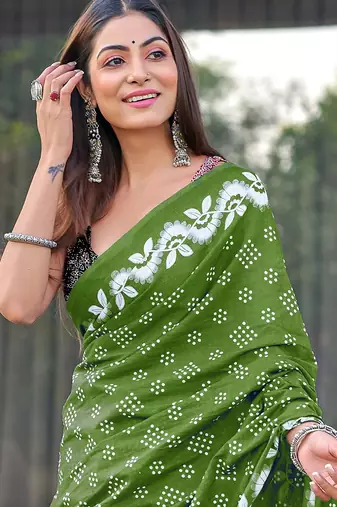 Green block print soft pure cotton saree with blouse.