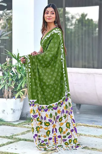 Green block print soft pure cotton saree with blouse.