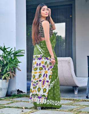 Green block print soft pure cotton saree with blouse. 4