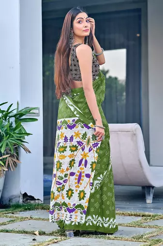 Green block print soft pure cotton saree with blouse.