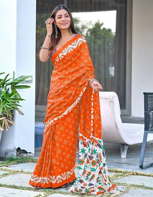 Orange block print soft pure cotton saree with blouse. 1