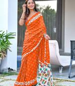 Orange block print soft pure cotton saree with blouse.