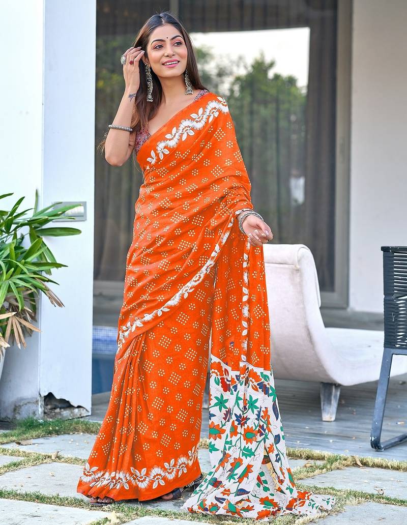 Orange block print soft pure cotton saree with blouse.