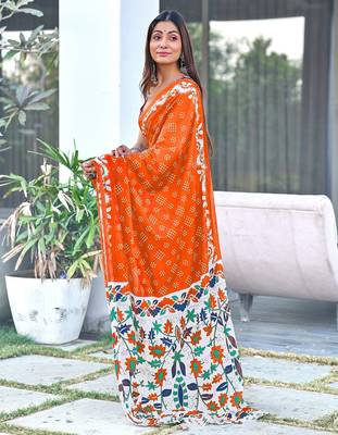 Orange block print soft pure cotton saree with blouse. 3