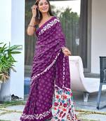 Purple block print soft pure cotton saree with blouse.