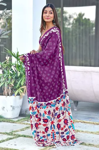 Purple block print soft pure cotton saree with blouse.