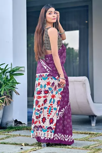 Purple block print soft pure cotton saree with blouse.
