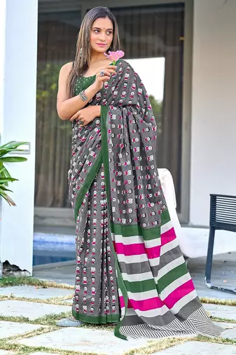 Grey block print soft pure cotton saree with blouse.