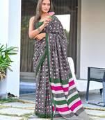 Grey block print soft pure cotton saree with blouse.