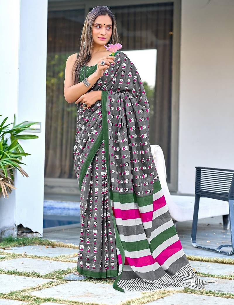 Grey block print soft pure cotton saree with blouse.