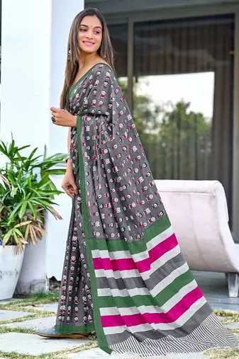 Grey block print soft pure cotton saree with blouse.