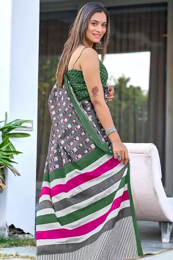 Grey block print soft pure cotton saree with blouse.