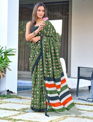 Olive green block print soft pure cotton saree with blouse. 1