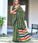 Olive green block print soft pure cotton saree with blouse.
