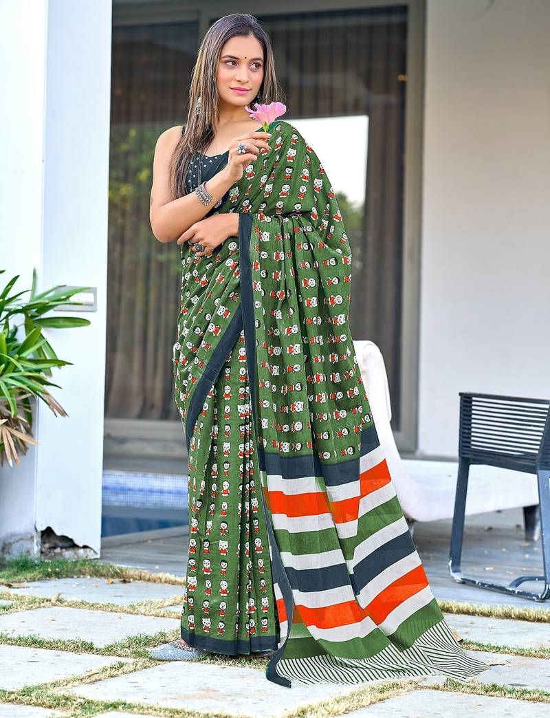 Olive green block print soft pure cotton saree with blouse.