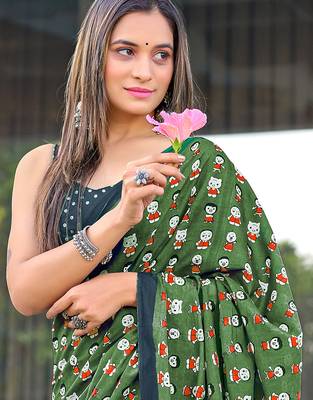 Olive green block print soft pure cotton saree with blouse. 2