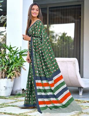 Olive green block print soft pure cotton saree with blouse. 3