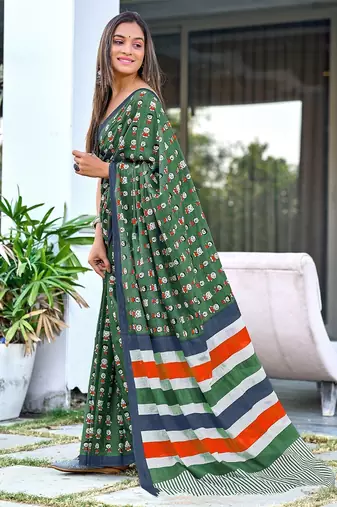 Olive green block print soft pure cotton saree with blouse.