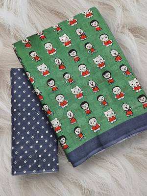 Olive green block print soft pure cotton saree with blouse. 5