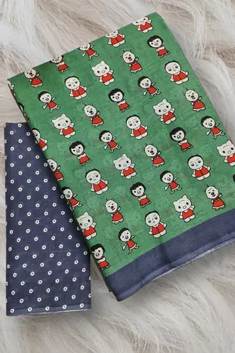 Olive green block print soft pure cotton saree with blouse.