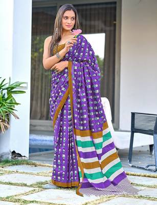 Purple block print soft pure cotton saree with blouse. 1