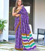 Purple block print soft pure cotton saree with blouse.