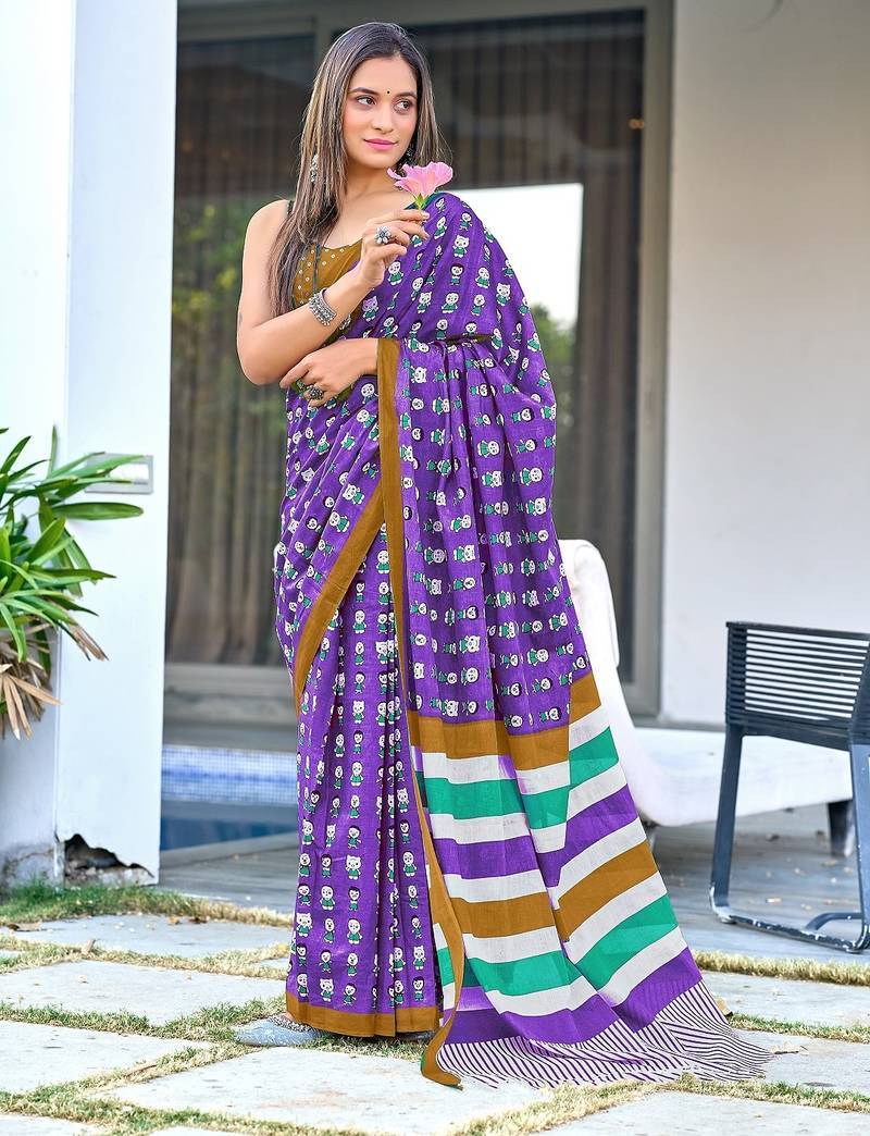 Purple block print soft pure cotton saree with blouse.