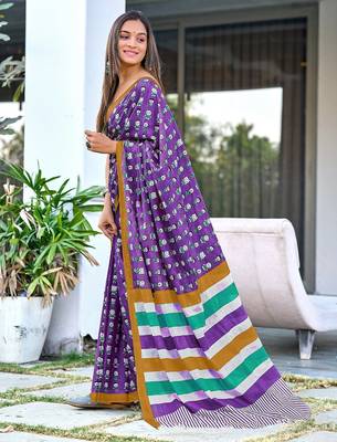 Purple block print soft pure cotton saree with blouse. 3