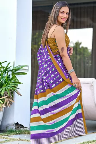 Purple block print soft pure cotton saree with blouse.
