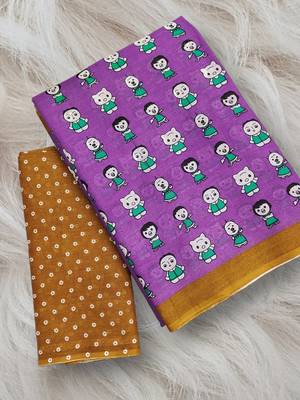 Purple block print soft pure cotton saree with blouse. 5