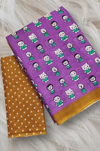 Purple block print soft pure cotton saree with blouse.