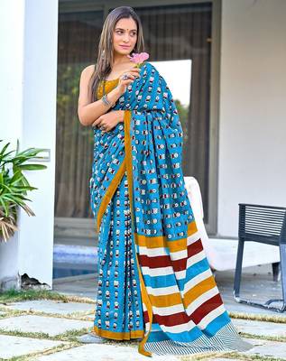 Sky blue block print soft pure cotton saree with blouse. 1