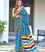 Sky blue block print soft pure cotton saree with blouse.